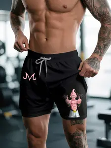 Dra-gon Ball Majin Buu Print 2-In-1 Drawstring Waist Shorts, “A Friendly Greeting Gesture”Graphic Pants, Quick-Dry Swim Trunks, Loose Fit Casual Pocket Track Shorts for Summer
