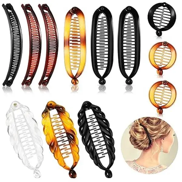 12 Pieces Hair Clips and Ponytail Holders - Classic Large Double Comb, Fishtail Clip, Banana Style Clips for Women and Girls, 4 Styles (Black, Tortoiseshell)