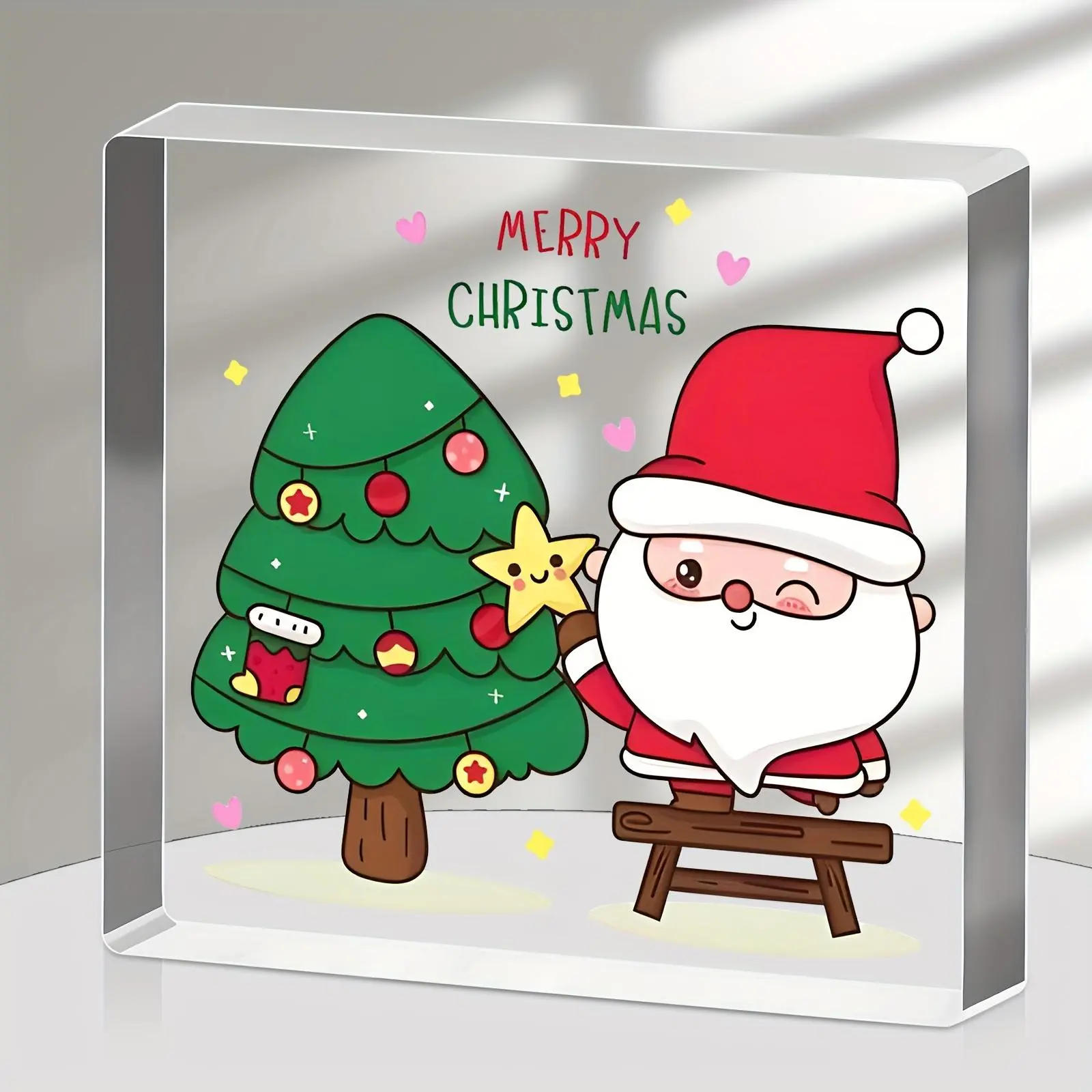 Cartoon Santa Claus & Tree Pattern Acrylic Desktop Ornament, 1 Count Merry Christmas Decoration, Home Decor for Living Room Bedroom, Gift for Family & Friends