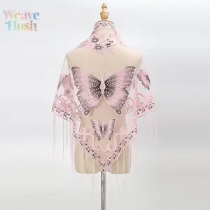 New Lace Butterfly Printed Triangle Headscarf, Fashion Hollow Out Fringed Shawl, Elegant Soft All-match Neck Wrap, Chic Stylish Women Accessory for Daily Dating Travel Casual Outfit Matching