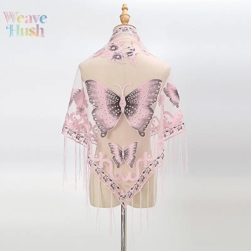 Women's Lace Triangle Scarf, Elegant Boho Shawl with Butterfly Print and Fringe Trim, Hollow-Out Multifunctional Neck Wrap for Daily & Travel, Boho Style Scarf, Fringe Trim Shawl, Multifunctional Lace Scarf