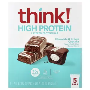 Think ! High Protein Layered Bar, Chocolate & Creme Cupcake, 5 Bars, 2.01 oz (57 g) Each