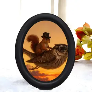 Vintage Fantasy Squirrel and Pilot Owl Decoration, Oval Frame Fun Atmosphere Desk Ornament, Retro Whimsical Desktop Decor