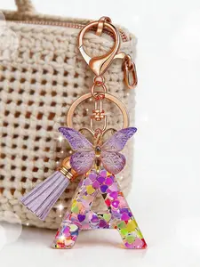 Cute Initial Letter Keychain with Resin Glitter Butterfly Tassel, 26 English Letters Pendant, Bag Charm Gift for Women Girls Students