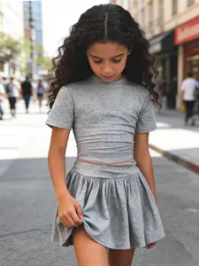 Girl's grey pleated set | Short sleeved top+pleated short skirt with exposed waist design to show vitality, refreshing and versatile for summer outings/outings Skirts Sets