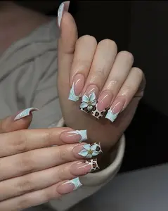 3D Blue Flower Press On Nails, Leopard Print Y2K Nails, Turquoise French Tip Nails, Medium Stiletto Glossy Nails, Summer Beach Nail Art