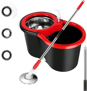 Spin Mop And Bucket With Wringer Set With 3 Microfiber Replacement Heads And 61" Stainless Steel Adjustable Handle For Floor