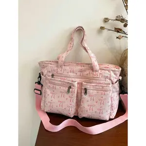 Valentine's Day Gift, Stylish Casual Corduroy Tote Bag with Bow Pattern, Versatile for School, Work, and Travel