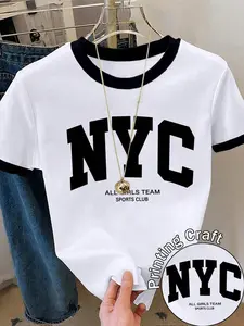 Women's Milk Silk Fabric Soft Smooth Printed T-Shirt with Nyc Print, Casual Loose Comfort Fit for All Seasons, Trendy Vintage Streetwear Gift for Friends, Tee