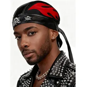 Head Wrap Skull Cap Skull Caps Do Du Rag Leather Doo Rag Rock Biker Flame Cap