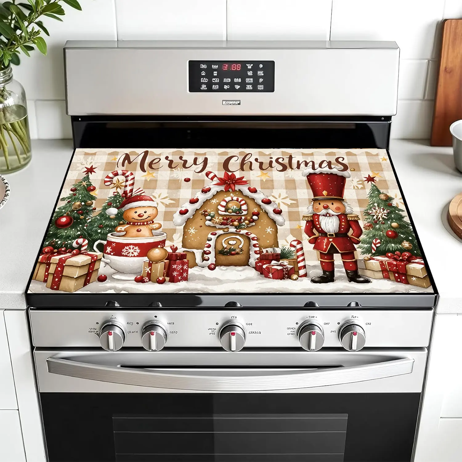 Christmas Gingerbread Man Design Non-Slip Rubber Oven Mat, Stove Panel Protector, Holiday Decor Gift, Durable Kitchen Decoration