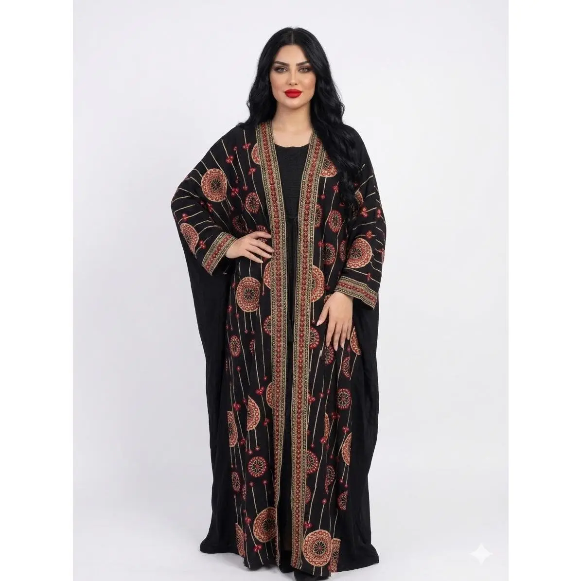 Women's Farasha Embroidered Abaya Set - Elegant, Loose-Fitting, Tribal Pattern Batwing Sleeve Modest Dress, Neutral & Rich Tones, Quality Fabrics, Refined Details, Below-Ankle Length, Perfect for Eid, Ramadan, Autumn Fashion