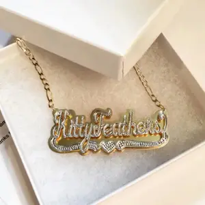 KittyFeathers Custom Double Layer Corrosion NK Necklace with Heart Pendant Personalized Nameplate 3D Double Color Strap