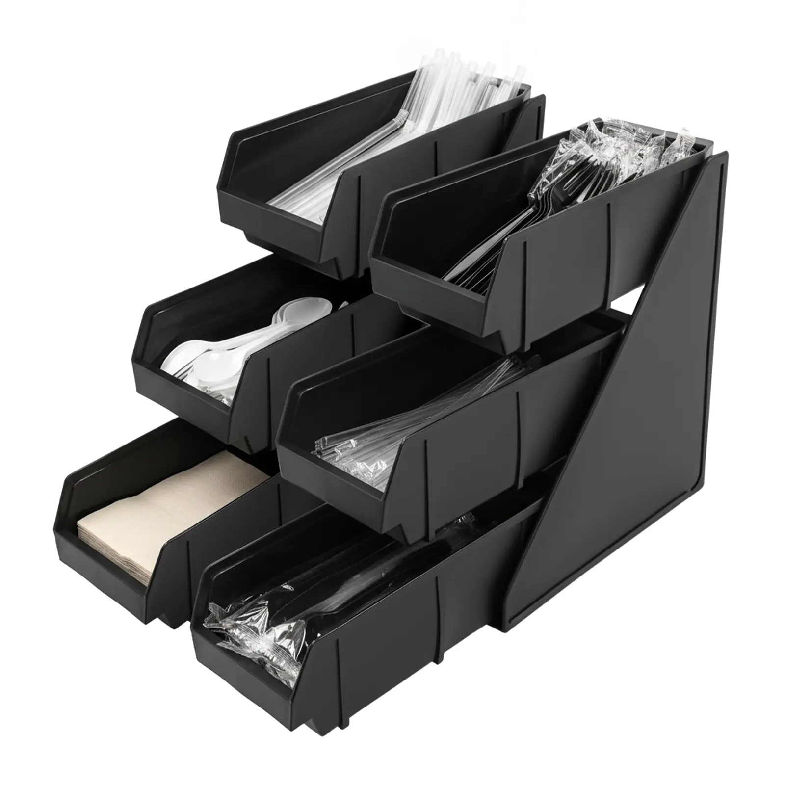 Plastic Condiment Organizer Rack - 3-Layer, 6-Compartment, Minimalist, Modern, Smooth, Trapezoid, Lightweight, Large Openings Tiered Shelf (51x28x35 cm, 5kg/11.02lbs) for Paper Straws, Cups, Condiments - Countertop/Wall Mount Storage for Home Kitchens