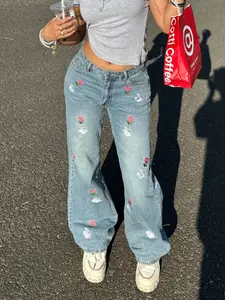 Women's Wide Leg Jeans, Loose Straight Fit, Embroidered Rose and Rabbit, Y2K Street Style, All Seasons, Elegant Plain Design
