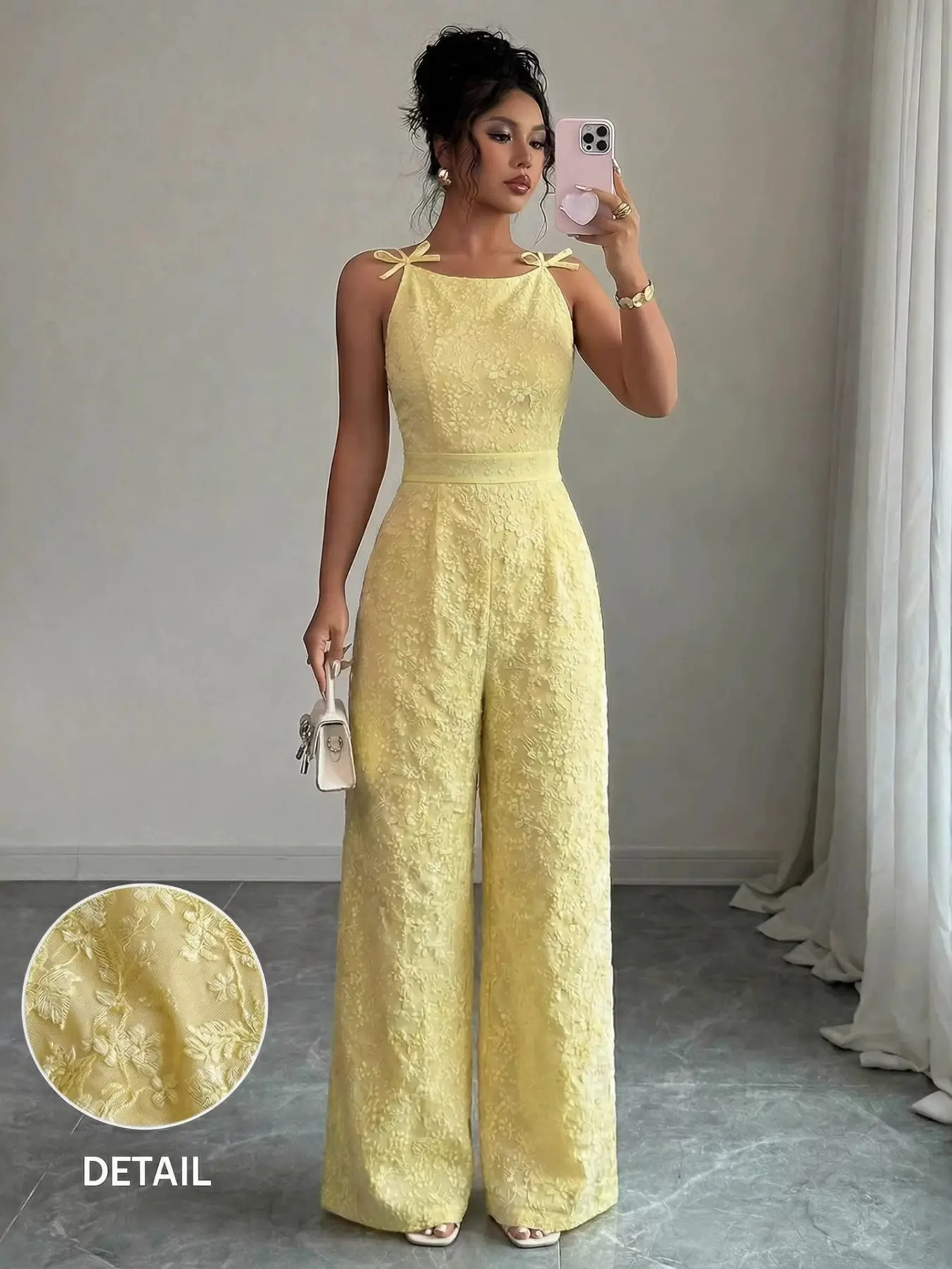 Women's Embroidered Solid Jumpsuit, High Waist Belt Wide Leg Bow Halter Jumpsuit, Slim Fit Summer Long Pants, Travel Vacation Wear