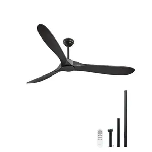 72-Inch Low Profile Flush Mount Energy Saving Ceiling Fan, 3 Wood Blades, 6-Speed Remote Control, Reversible DC Motor, Black Indoor/Outdoor Fan for Bedroom, Patio, Energy Saving Fan