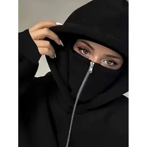 Women's Full-Zip Hooded Jacket with Detachable Hood - Black Full-Face Covering Privacy Hoodie, White Zipper & Golden-Tone Hardware, Casual Outerwear for, Travel, Casual Attire - Machine Washable Full-Zip Sweatsuit