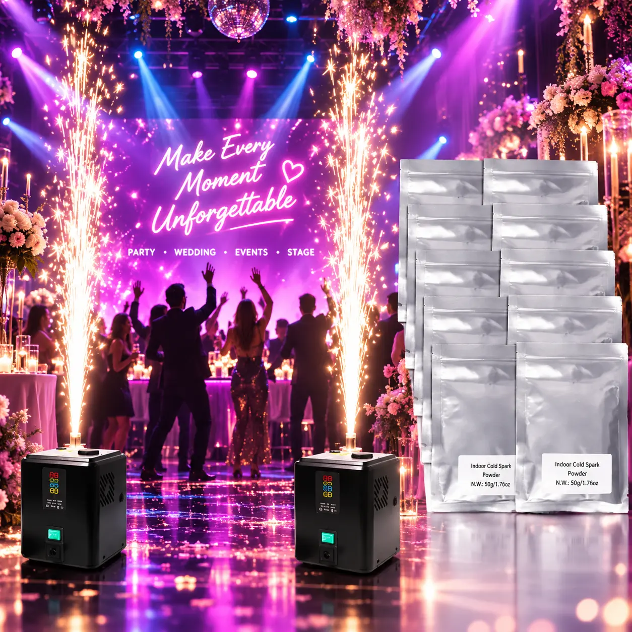 Cold Flame Machine Powder Refill, 50g Vacuum-Sealed Pack, Mist-and-Flame Synergy Effect, Available in 10/20/30-Pack Options, Commercial Appliance Part for Weddings, Ceremonial Events