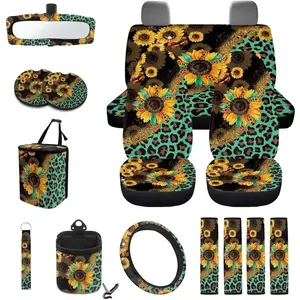 Sunflower Leopard Print Green 15  Car Seat Cover Full Set, with Steering Wheel Cover Seat Belt Covers Trash Can Air Vent Pouch Rear View Mirror Cover Coasters Key Chain Car Accessories