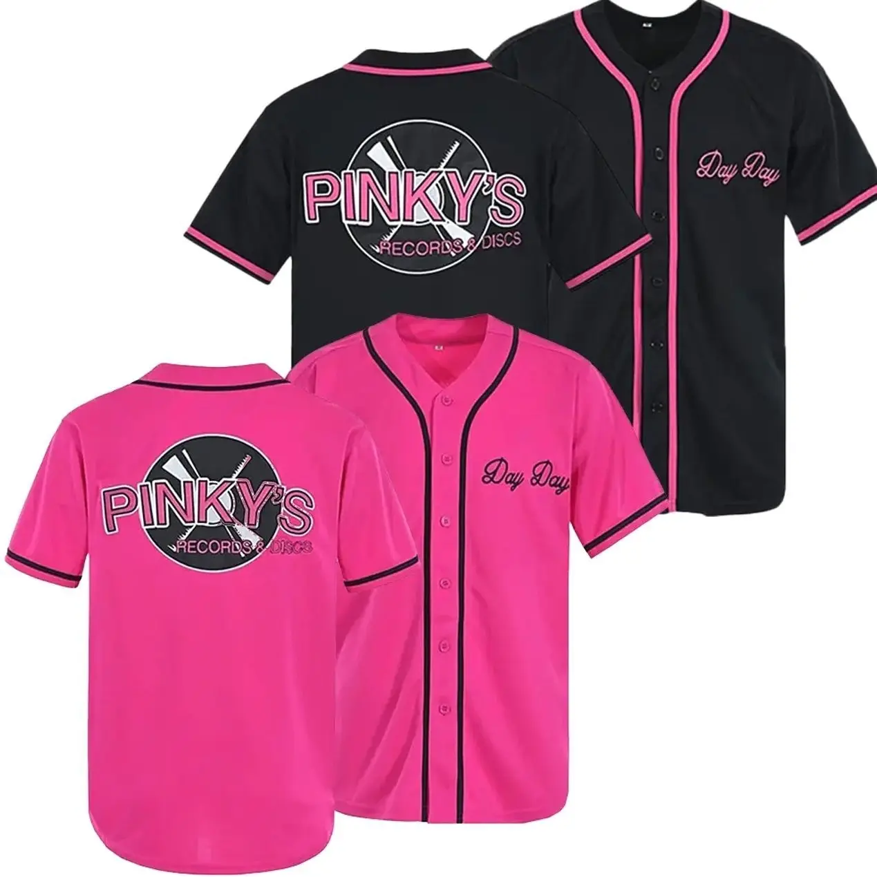 Men’s 90s Hip Hop Inspired Pink Record Shop Baseball Jersey – Embroidered Button Down Retro Party Shirt, Unisex Couples Matching Top