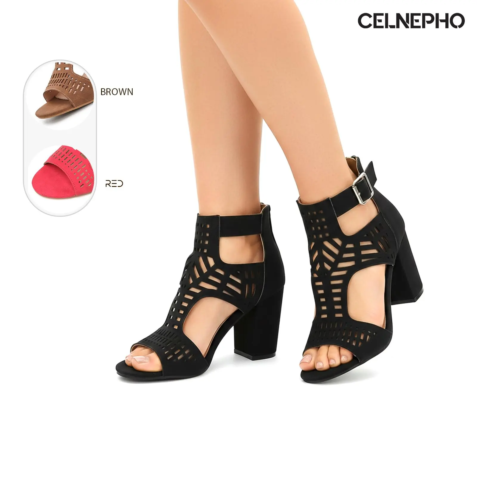 CELNEPHO Womens High Heels Summer Sandals Open Round Toe Chunky Block Heel Sandal Comfy Cutout Adjustable Ankle Buckle Strap Hollow Out Zipper Design Easy Slip on Fashionable Daily Wear Trendy Party Dressy Gladiator Shoes