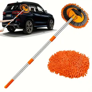2pcs Microfiber Car Wash Brush Mop Set, Car Cleaning Supplies, Chenille Sponge Duster, No Paint Damage, No Scratches, Long Handle Kit, 2-In-1