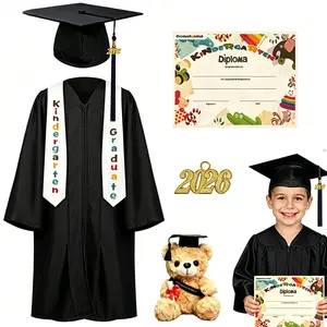 Kindergarten Graduation Gown Cap, Kindergarten Graduation Cap and Gown Set, 2026 Congrats Grad Outfit with Tassel & Certificate for Kindergarten, Kindergarten Graduation Cap and Gown Set, 2026 Congrats Grad Outfit with Tassel & Certificate (Black)