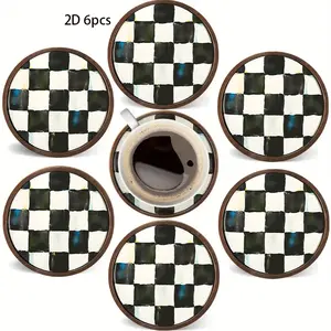 Set of 6 Wooden Coasters with Chessboard Pattern, Heat Resistant Round Coffee Coasters 3.94 Inch Diameter, Ideal Housewarming Gift & Desktop Protection