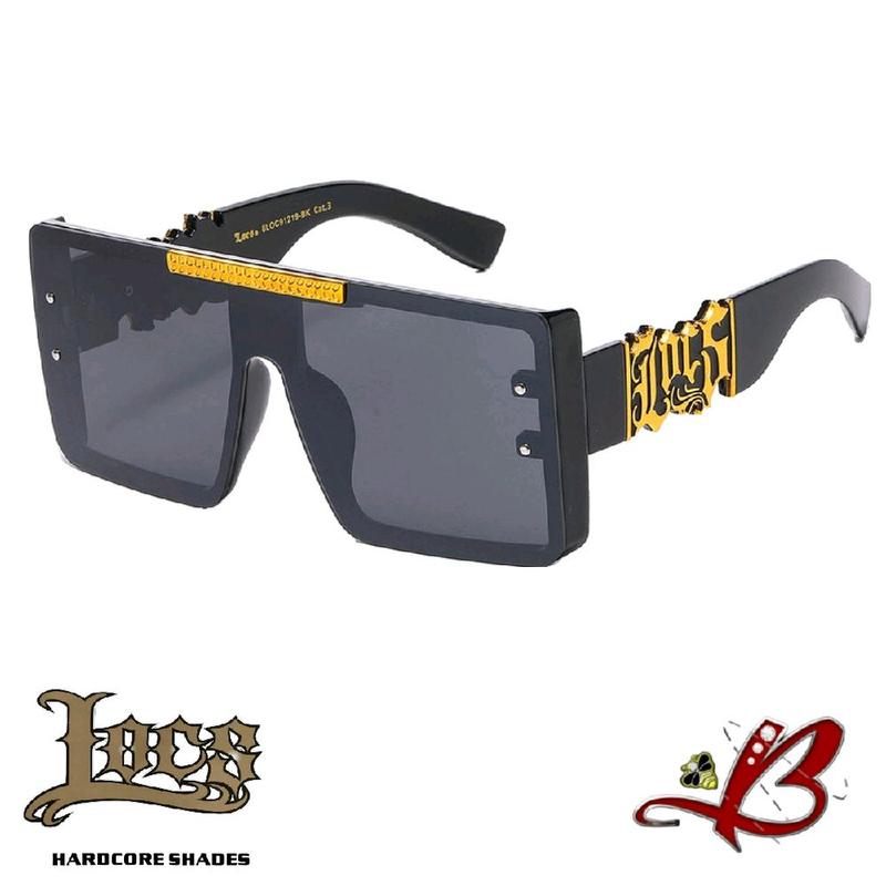 Locs BullDozer Large Oversized Flat-Top Shield Style Big Cutout Logo Chrome Black or Gold Accent Black Glossy Hardcore Shades Hip Hop Rapper Sunglasses OG Gangsta Look | Authentic Original Genuine Locs