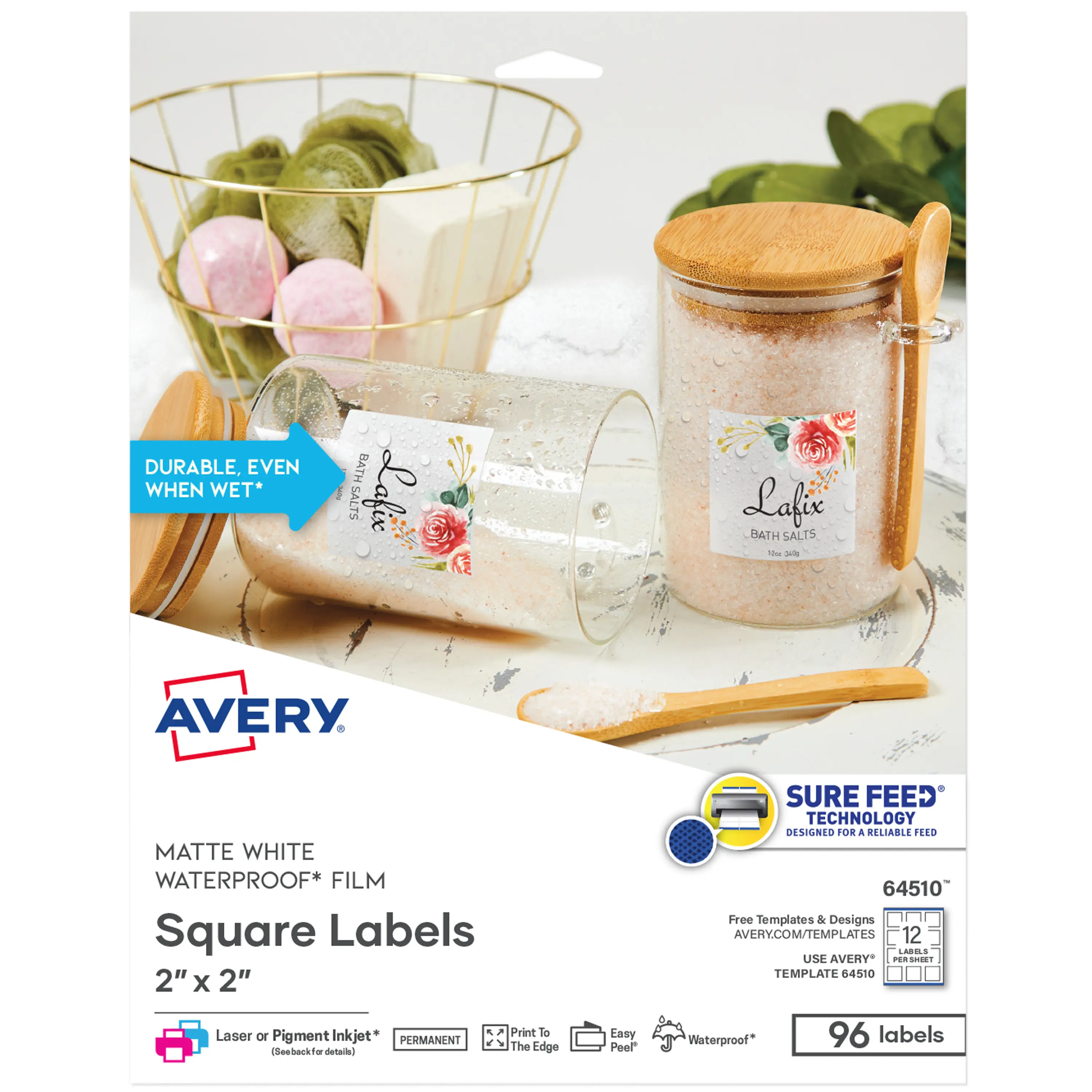 Avery Durable Waterproof Square Labels (Waterproof Stickers) with Sure Feed Technology, 2" x 2", White, Laser & Pigment-Inkjet Compatible, 96 Blank Labels Total (64510)
