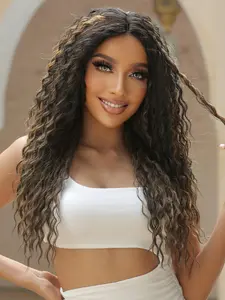 Long Curly T Part HD Glueless Curly Lace Wigs, Long Curly Women's Wig with Highlights, Natural Looking Voluminous Long Curly Hair