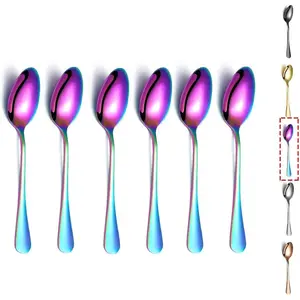 Rainbow Teaspoons, 6 Pieces 6.7" Stainless Steel Tea Spoons With Colorful Titanium Plating, Ice Cream Spoons, Dessert Spoon, Coffee Spoon,Golden Teaspoon,Spoon Silverware Pack of 6