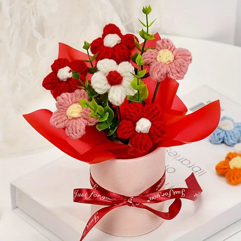Handcrafted Crochet Daisy Bouquet with Planter, Realistic Knitted Flowers for Wedding, Valentine's Day, Mother's Day, Graduation Decor, Home Decoration Bouquet, Decorative Artificial Flowers, Artificial Flower Arrangements