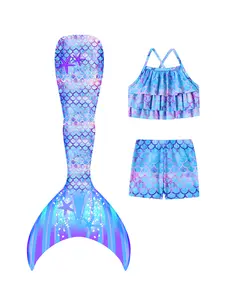 Little Girls Mermaid Swimsuit 3 Piece Set with Fish-Scale Textures & Shimmering Details Elastic Tankini Top & Mermaid Tail for Beach & Pool