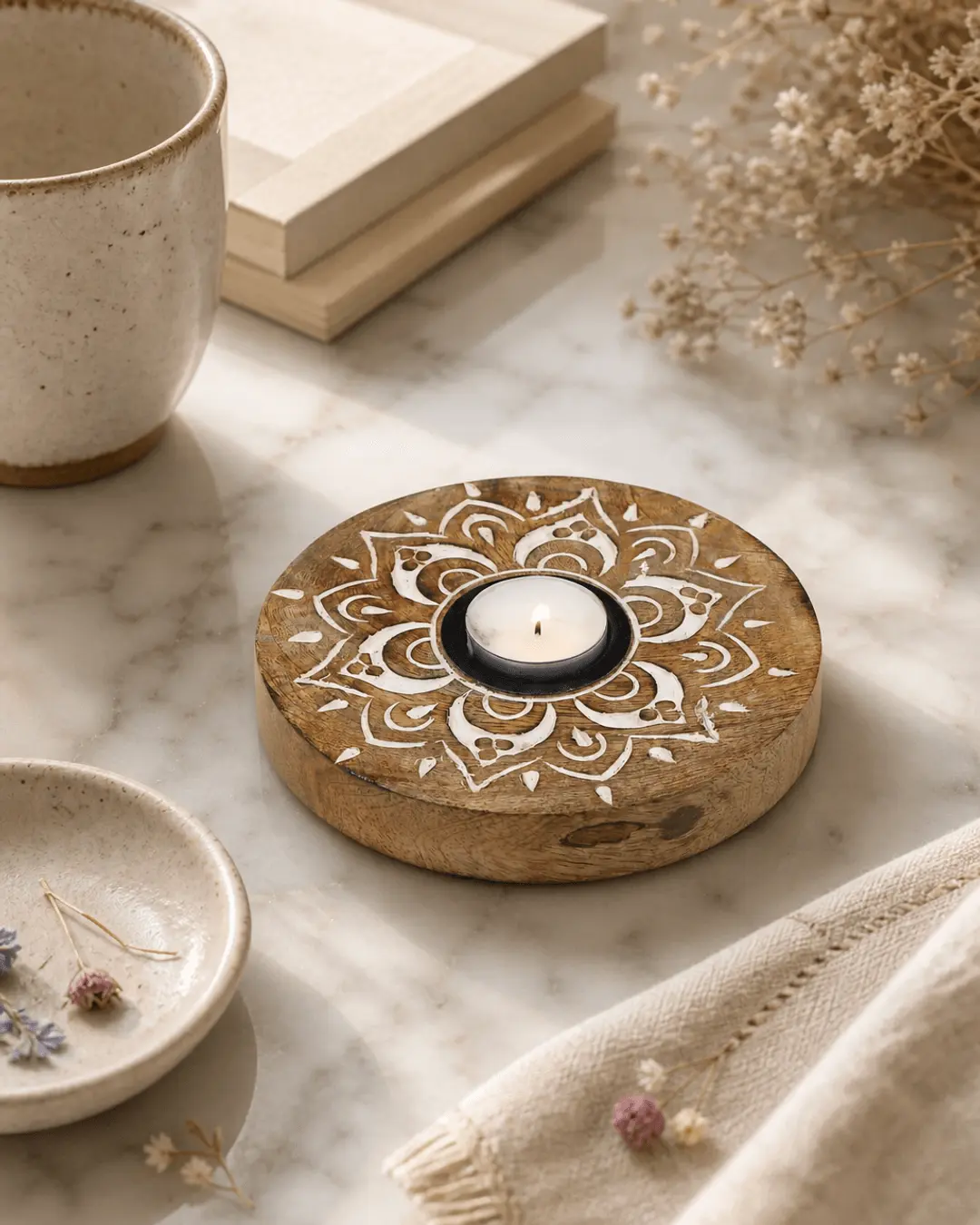 Fairtrade Hand Carved Wood Mandala Design Tea Light Holder