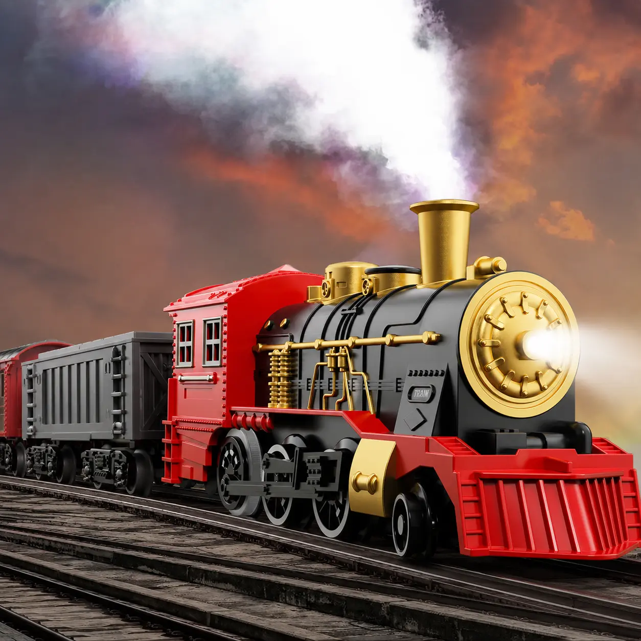 Train Toy Set with Vibrant Colorful Lights and Authentic Realistic Train Horn Sounds,Complete Track Kit Contains 1 Locomotive and Four Train Cars,Simple Easy-to-Assemble Modular Tracks,Railway Scene Interactive Fun,Perfect Birthday Surprise Gift for Boys
