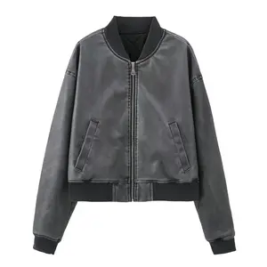 Women Fashion FaUX Leather Bomber Jacket Coat PU