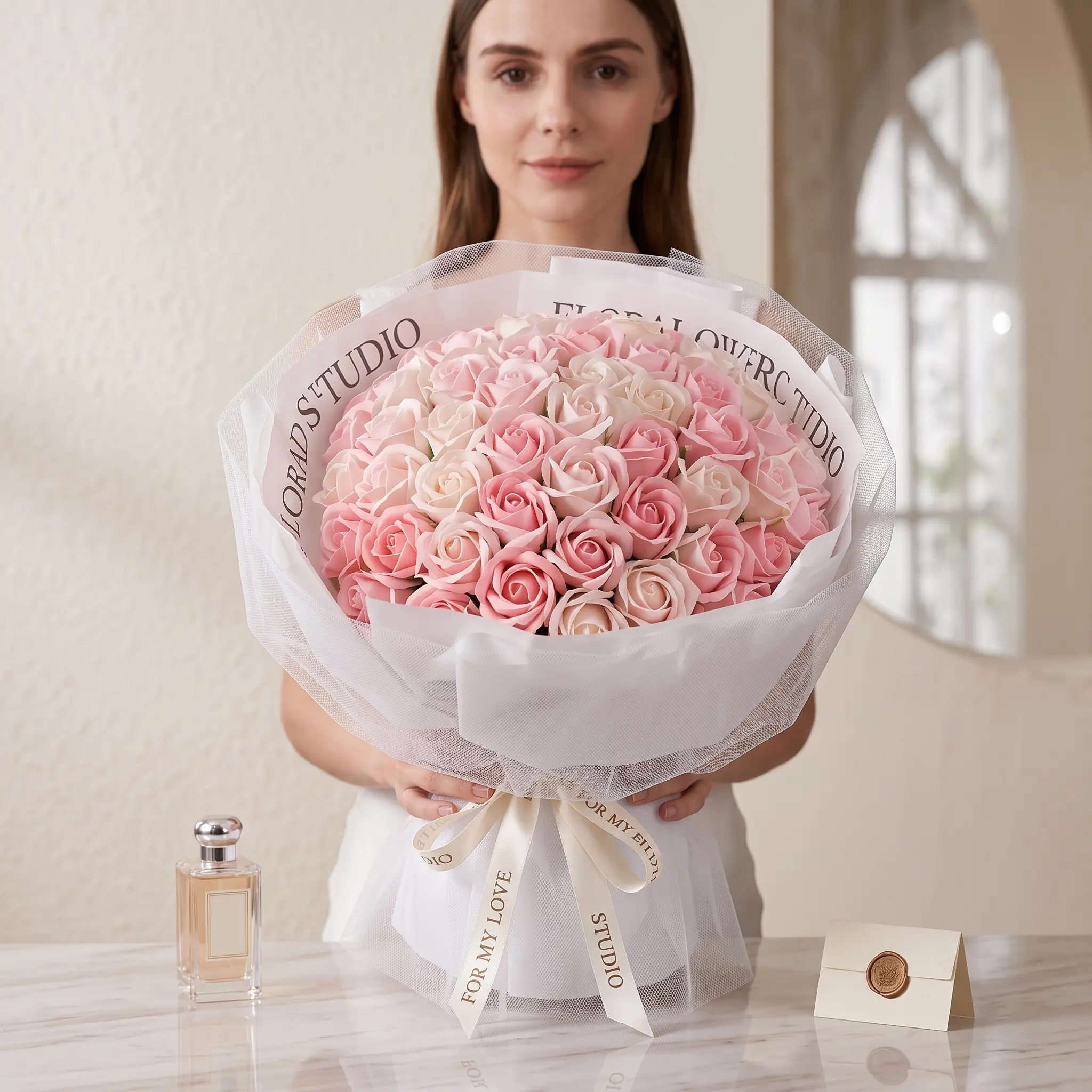 【US】PeaWove Light Up 52 Pcs Premium Faux Rose Bouquet with Warm LED Glow - Scented Eternal Flowers Luxury Gift Set for Anniversary