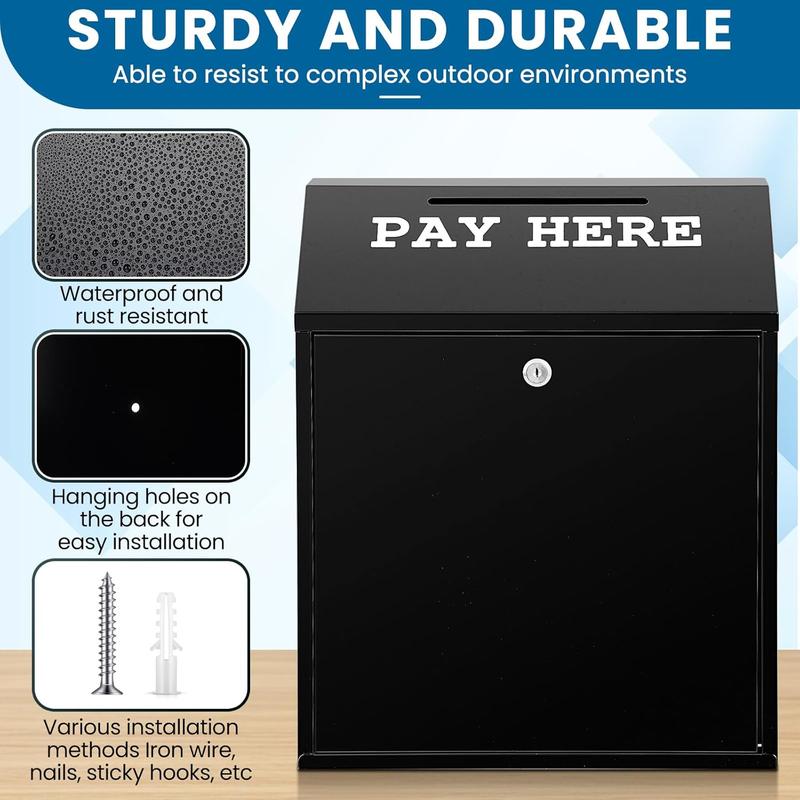 Cash Box Money Collection Metal Donation Box with Lock for Home Office Outdoor Use Wall Mount Pre Drilled Mailbox Delivery Ballot Black 18.1 x 14.9 x 7.1 Inch