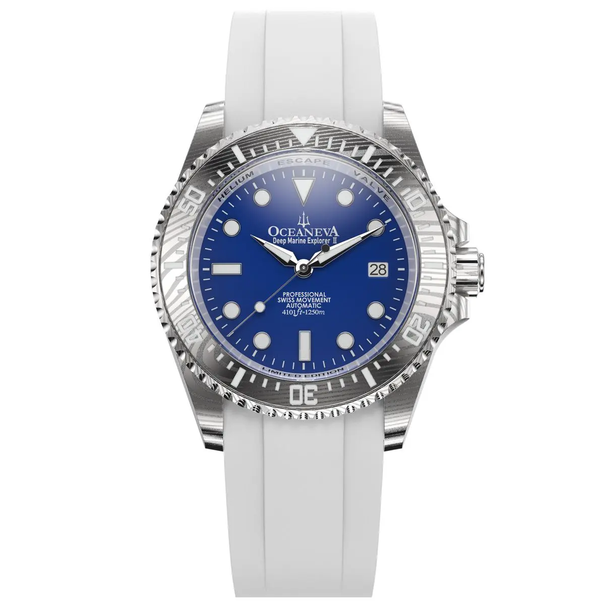 Oceaneva Men's Deep Marine Explorer II - 1250M Swiss Dive Watch with Damascus Steel Blue Dial & White FKM Rubber Band