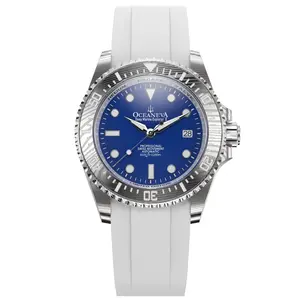 Oceaneva Men's Deep Marine Explorer II - 1250M Swiss Dive Watch with Damascus Steel Blue Dial & White FKM Rubber Band
