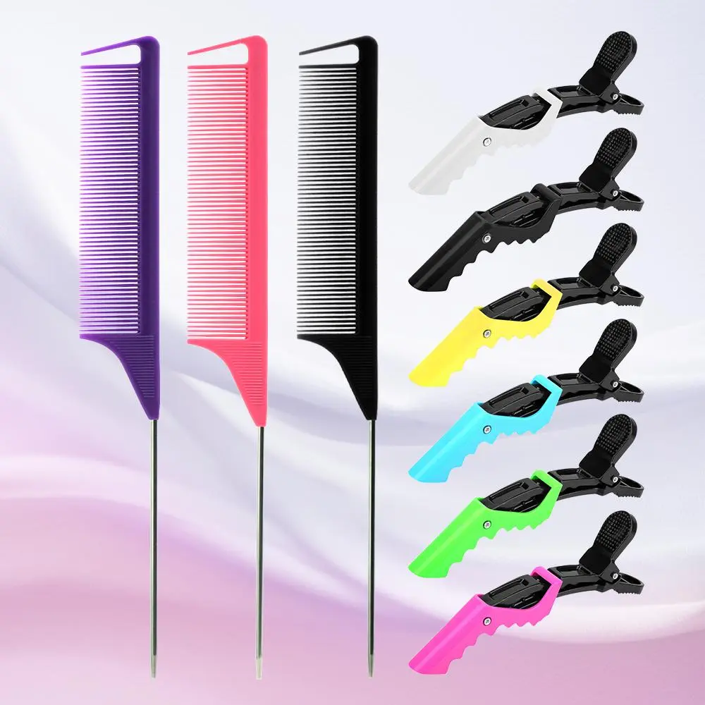 Hair Comb Set, Comb Design, Plastic Combs, Including 3 Counts Professional Pointed Tail Hair Styling Comb and 6 Counts Hair Clips, Anti-static Hair Dye Brush, Barber Steel Needle Pin Rat Tip Comb, Grooming Comb, Hair Styling Tools