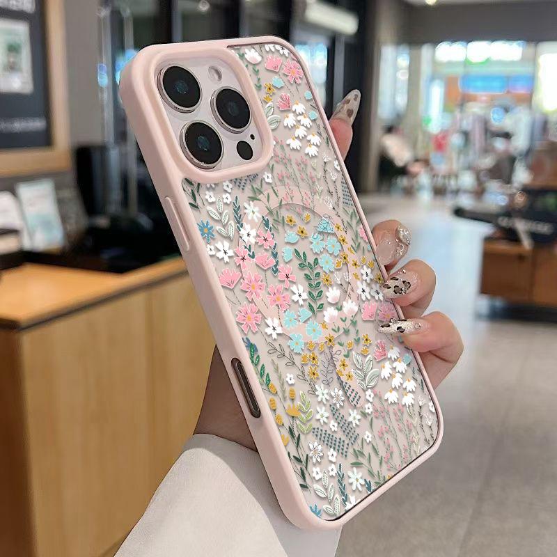 Chic Botanical Graphic Phone Case Hand-Drawn Style Pink, Blue & Yellow Wildflowers Paired With Lush Greenery Featuring Built-In Strong Magnet Ring Blending Smooth Macaron Texture With Secure Magsafe Compatibility For iPhone 17 16 15 14 13 12 11 X XS
