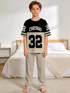 Black and gray color block, size 32 retro sports pajama set with digital printed short-sleeve top and extended pajama pants, made of flame-retardant fabric. Stylish, trendy, casual, comfortable and soft pajama set, suitable for sleeping and relaxing at ho