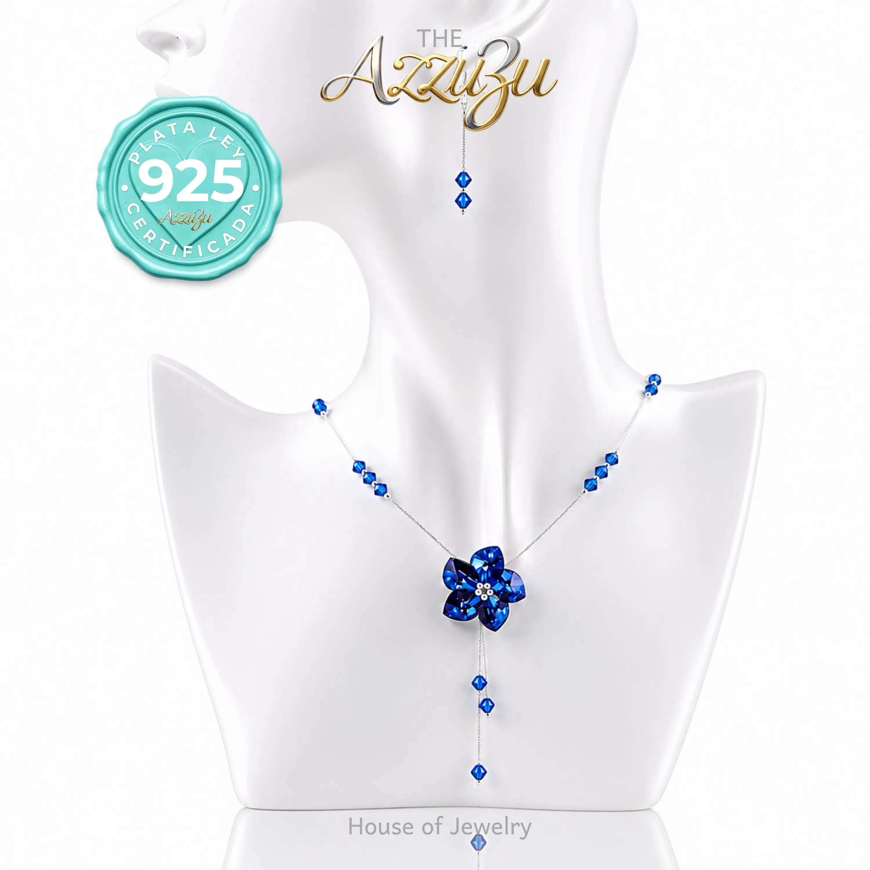 The AzzuZu 925 Sterling Silver Blue Facetted Crystal Flower Necklace & Earrings Set
