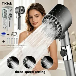 Hydro Jet Shower Head Stainless Steel High Pressure 3 Speed Adjustable with One Click Water Stop Filter Universal Fit Detachable Design for Home Improvement Bathroom Upgrade massaging