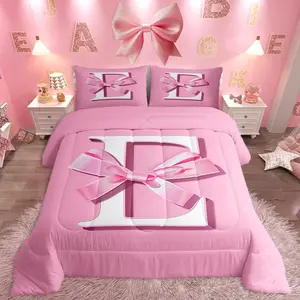 Dreamy Bow Bedding Set,Gifts for Women Teen Girl,,Decor Ultra Soft Monogrammed Bedding Set,Initial Letter E Comforter Kawaii Pink,Duvet Set Room Decor Unique Quilt Set