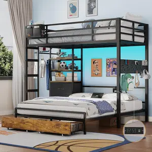 Sikaic Twin Over Full Bunk Bed with 4 Storage Drawers & 3-Tier Bookshelf, Metal Bunk Bed with LED Lights & Charging Station, L-Shaped Bunk Bed with Guardrail & Ladder summervibes