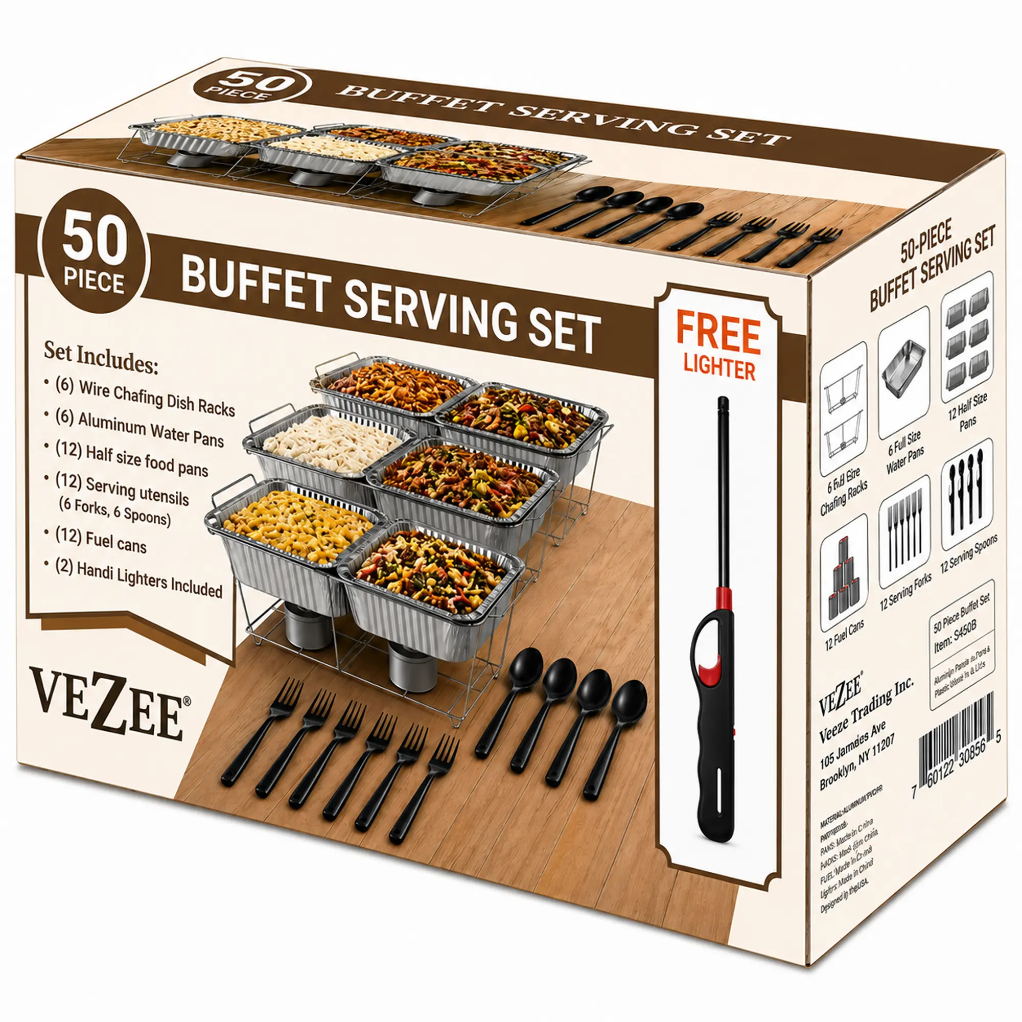 VeZee 50 Piece Buffet Serving Set with Chafing Dishes, Wire Racks, Water Pans, Food Pans, Serving Utensils, Fuel Cans & Free Lighter for Catering, Weddings, Parties & Events